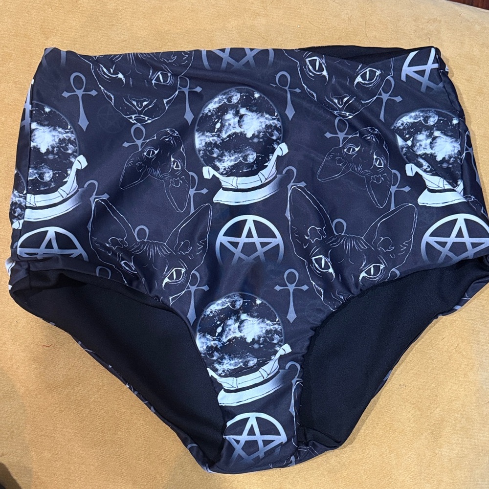 Mystical Cat Print High-Waisted Bikini Bottom